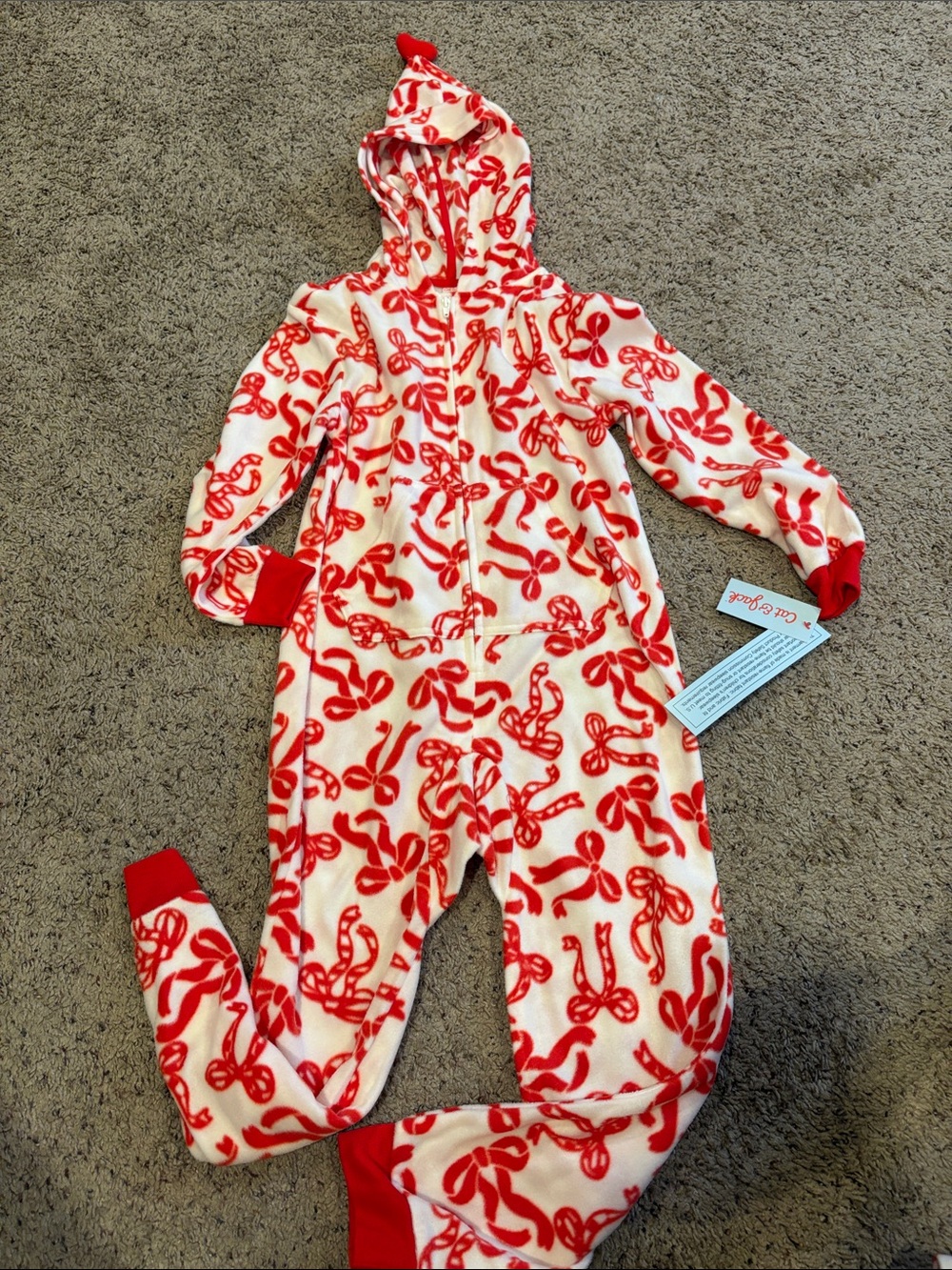 Cat & Jack Red and White Candy Cane Hooded One-Piece Footie Pajamas size 6/7
